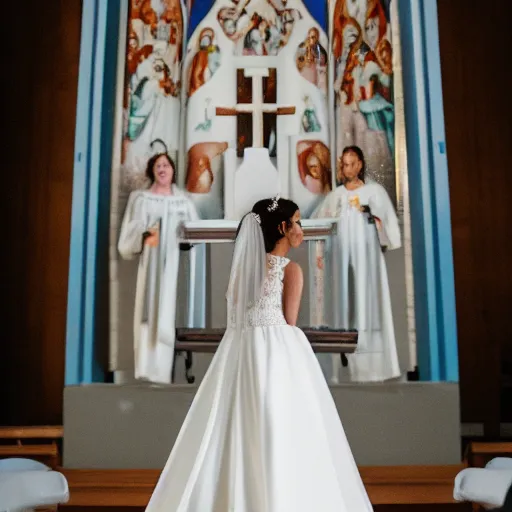 Image similar to a close up portrait of a woman in a wedding dress standing at a church alter
