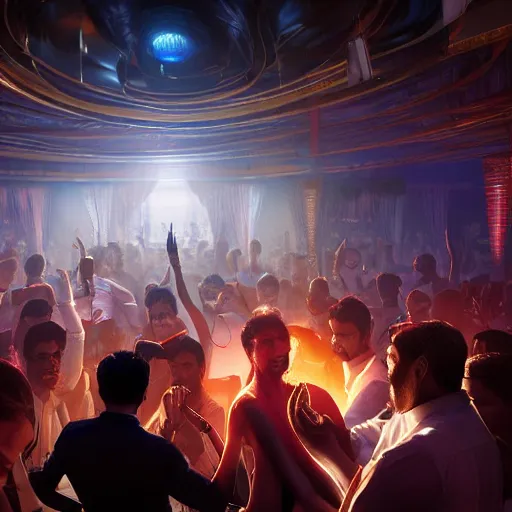 Prompt: a portrait of an indian businessman dj in nightclub, people dancing in background, anatomy, bathed in light, highly detailed, photorealistic, artstation, smooth, sharp focus, illustration, unreal engine 5, 8 k, art by artgerm and greg rutkowski and edgar maxence