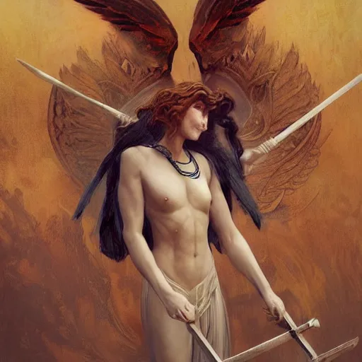 Image similar to angelic humanoid monster with wings on its back and an upside-down marble face holding a golden spear, digital art, by Fernanda Suarez and and Edgar Maxence and greg rutkowski