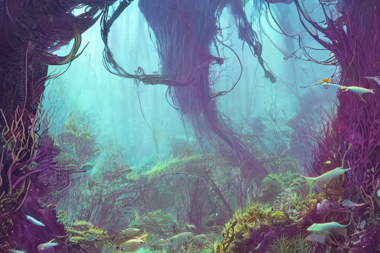 Image similar to Fantastical underwater forest by Eywind Earle and Moebius, trending on artstation