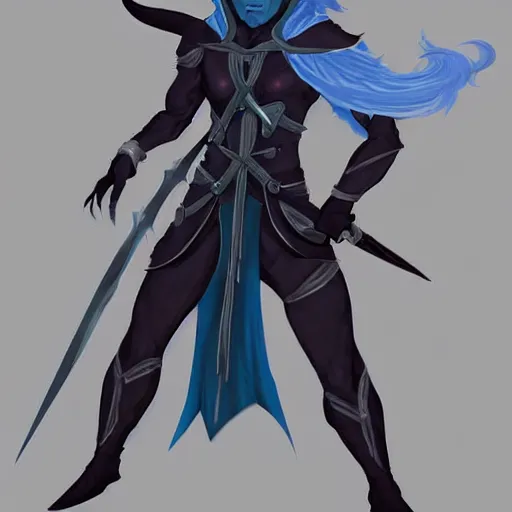 Image similar to D&D character concept art of a cloaked tiefling, tiefling rogue, blue skin color with short horns and a devil tail, fighting pose of a Rogue holding daggers, black cloak hidden in shadows, full body pose, soft colors, fantasy, intricate, elegant, highly detailed, digital painting, artstation, concept art, smooth, perfect face, sharp focus, illustration, wide angle shot, full body visible, art by artgerm and H R Giger and alphonse mucha