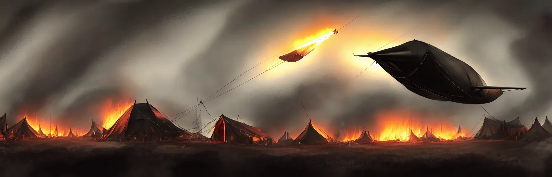 Prompt: You step out of the tent and are about to start running when it suddenly gets incredibly bright, Tents are on fire. you hear screams You look up, Mighty zeppelins hover in the sky above you, cruise missile strikes, a little further away, a camp is bombarded from the air, intricate and epic concept art, highly detailed, 8k, cinematic