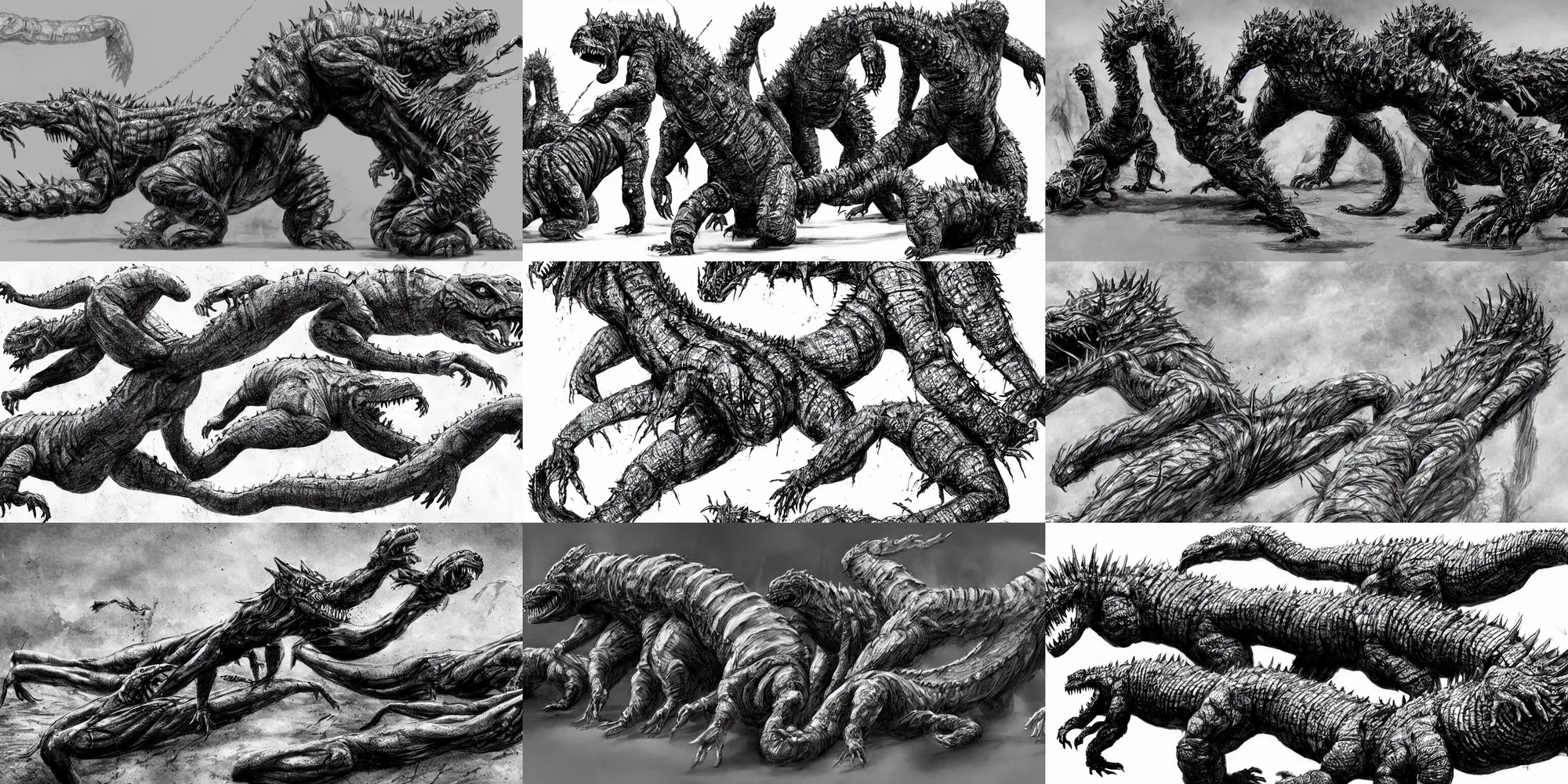 Prompt: black and white art of human centipede crawling up a pole battling godzilla, concept art, 4k, sketch, realistic, movie, horror, body horror, monsters, dark, high contrast