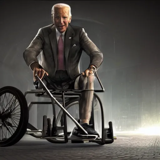 Image similar to hyperrealistic mixed media image of joe biden in a wheelchair wearing a bicycle helmet, stunning 3 d render inspired art by istvan sandorfi and greg rutkowski, perfect facial symmetry, realistic, highly detailed attributes and atmosphere, dim volumetric cinematic lighting, 8 k octane extremely hyper - detailed render, post - processing, masterpiece,