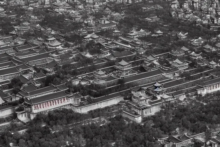 Image similar to top view of the forbidden city, the black and white palace buildings in the wei, jin and northern and southern dynasties in ancient china, the hard and strong buildings, the neat and dense buildings, the cool colors, the bird's - eye view, the panorama, left right symmetry, cg original.