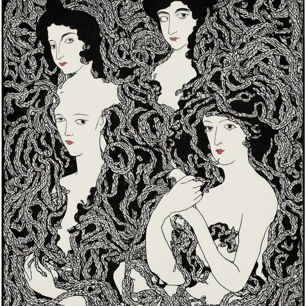 Prompt: , 4k, highly detailed, sharp focus, lithography by Aubrey Beardsley, Symmetrical portrait of a beautiful woman with snakes in her hair.