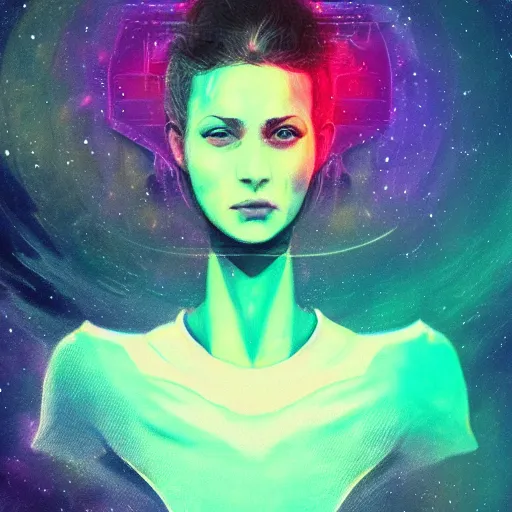 Image similar to portrait from a bird like alien, synthwave, universe background, nebula, galaxy, artstation