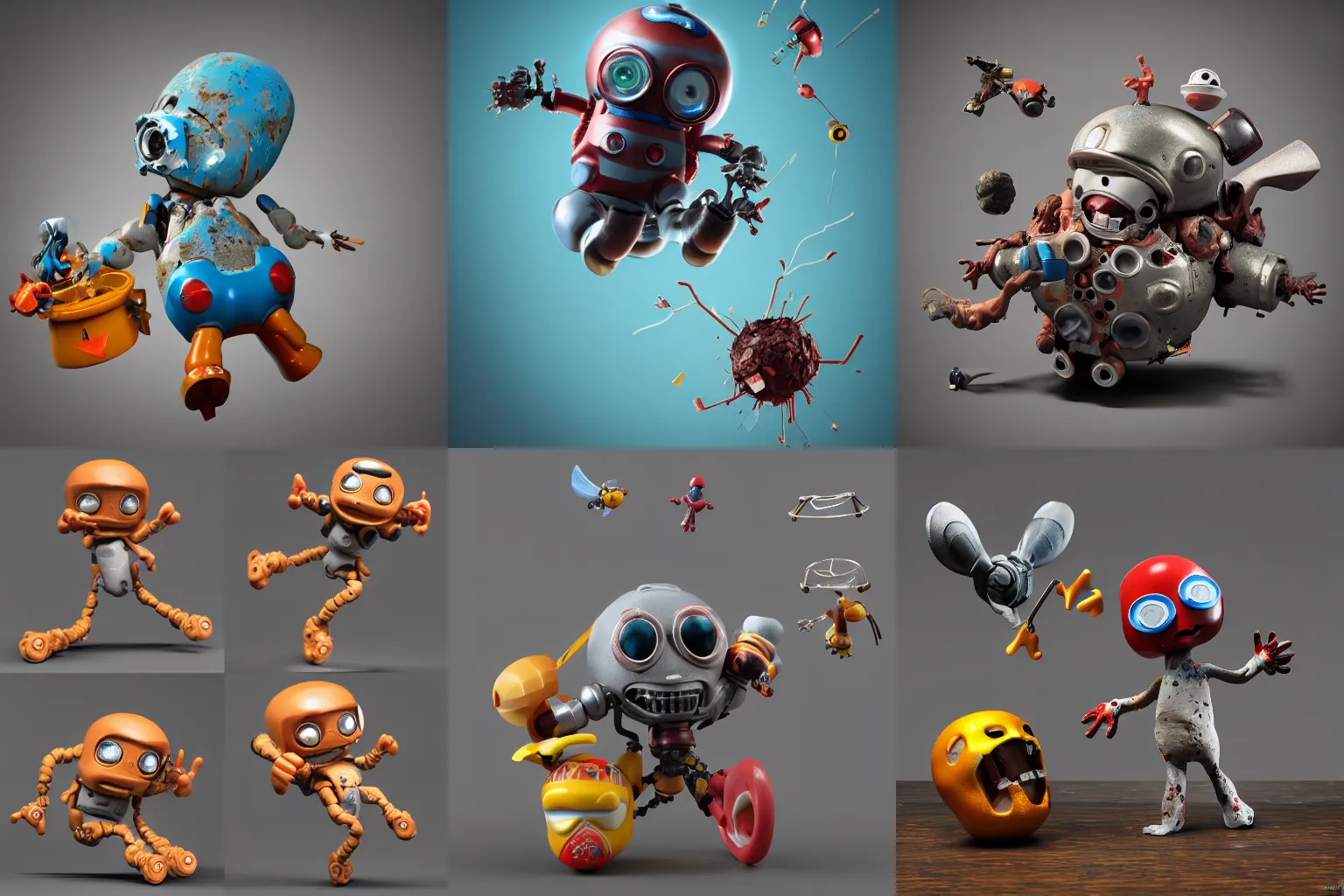 Image similar to dissection of funny ceramic exploding crash miniature toy Figure mechabot falling apart 8K, zbrush, c4d, in a Studio hollow, surrounded by flying parts, from avengers, explosion drawing, by pixar, beeple,