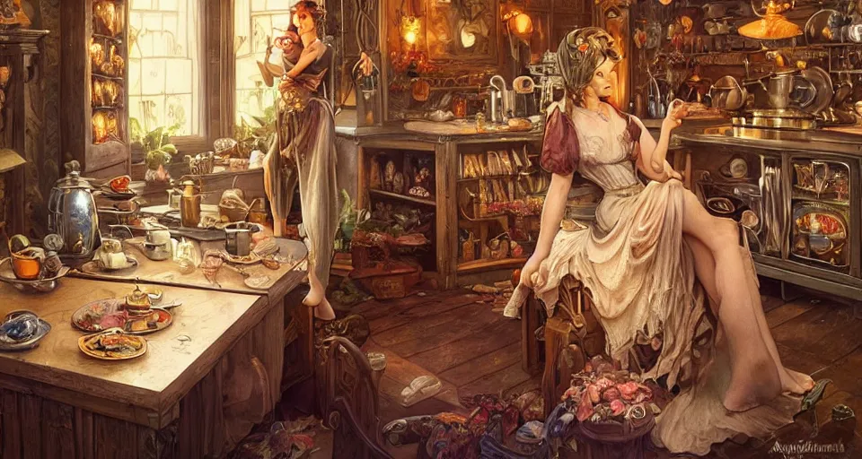 Prompt: a portrait of a fairy in a vintage magical kitchen, with one vintage book on a table, with a fireplace in the background d & d, fantasy, intricate, elegant, highly detailed, digital painting, artstation, concept art, smooth, sharp focus, illustration, art by artgerm and greg rutkowski and alphonse mucha