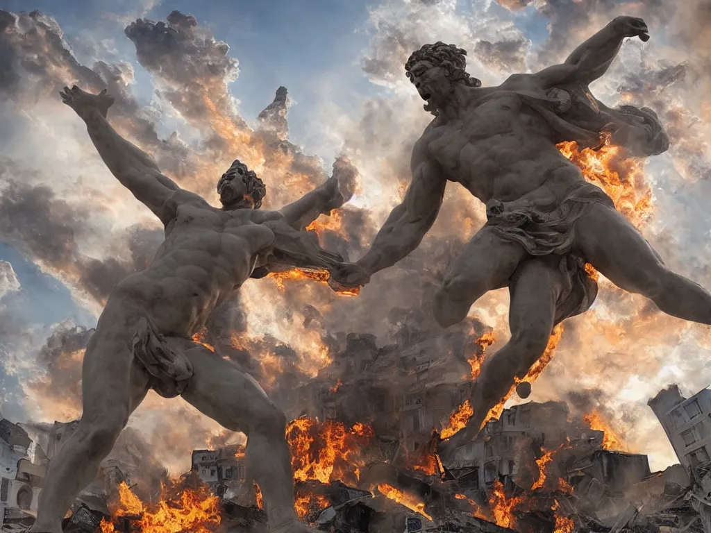 Image similar to giant greek statue attacking a city, city destruction ruins, debris flying around, swirls of fire