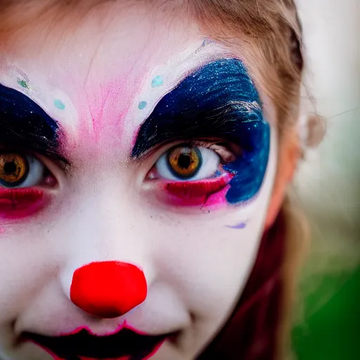 Image similar to A portrait of a girl who has face-painting like a clown smiling creepily. Depth of field. Lens flare