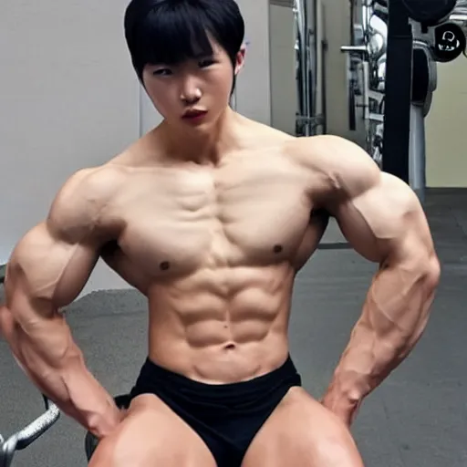 Prompt: a 2 5 year old korean bodybuilder