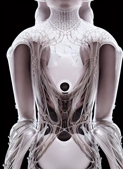 Image similar to iris van herpen gothic inflateble dark dress, perfect symmetrical body, helmet on face, full body shot, inflateble shapes, wires, tubes, veins, jellyfish, white biomechanical details, wearing epic bionic cyborg implants, masterpiece, intricate, biopunk, vogue, highly detailed, artstation, concept art, cyberpunk, octane render