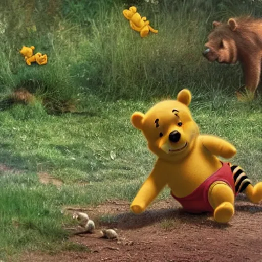 Prompt: winnie the pooh caught on animal camera