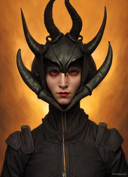 Image similar to portrait demon half human, elegant, wearing a bomber jacket, armor, hyper realistic, horns, extremely detailed, dnd character art portrait, fantasy art,, dramatic lighting, vivid colors, deviant art, artstation, by edgar maxence and caravaggio and michael whelan and delacroix, lois van baarle and bouguereau