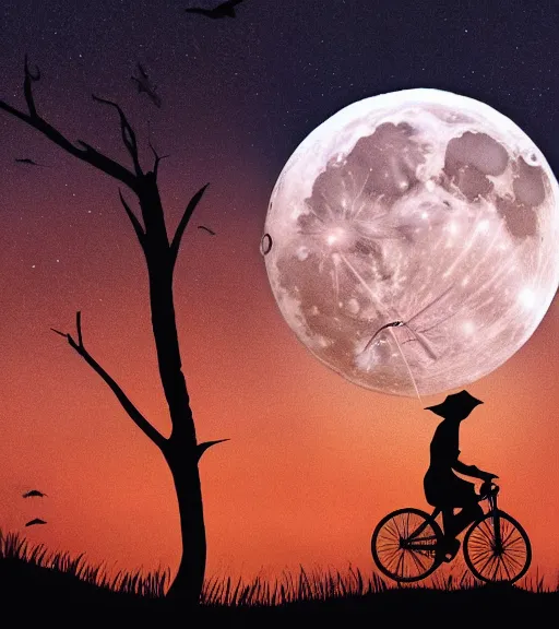 Image similar to a witch with a pointy hat is riding a flying bike across the full moon as silhouette, from the movie e. t. the extra terrestrial, with dark trees in foreground, cinematic frame by steven spielberg, hd