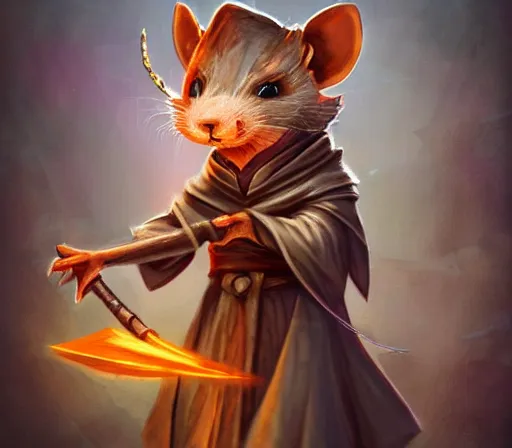 Prompt: anthropomorphic rat wielding a magic staff wearing wizard robe, cute and adorable, pretty, beautiful, DnD character art portrait, matte fantasy painting, DeviantArt Artstation, cinema