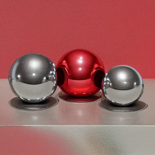 Prompt: chrome spheres on a red cube, gilding