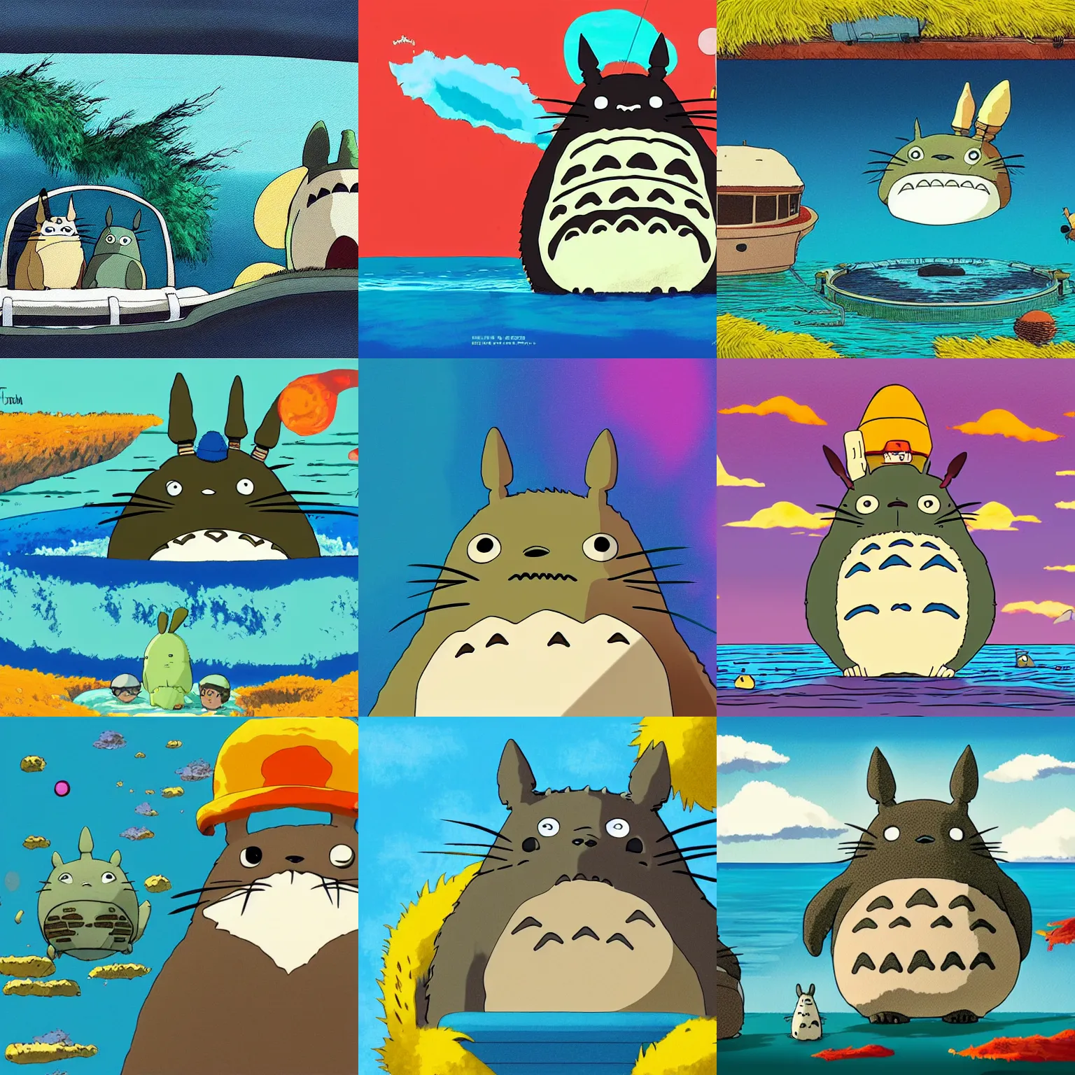 Prompt: extreme wide shot of totoro in The Life Aquatic with Steve Zissou, in the style of studio ghibli & wes anderson collaboration, digital painting