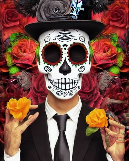 Image similar to dia de los muertos hombre theme surrealist art in the styles of igor morski, jim warren, and a tim burton film, intricate, hyperrealistic, accurate facial details, profile picture with chromakey!!!!! background, volumetric lighting