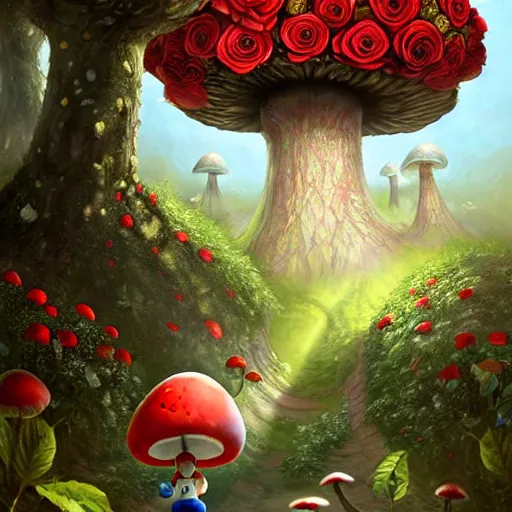 Image similar to portrait of Toad, running through a forest, in the Mushroom Kingdom, giant red and white spotted mushrooms, and roses, from behind, Castle in distance, birds in the sky, sunlight and rays of light shining through trees, beautiful, solarpunk!!!, highly detailed, digital painting by Michael Garmash and Peter Mohrbacher