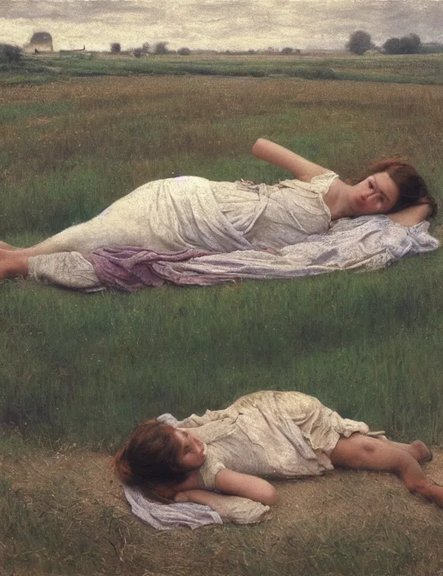 Image similar to peasant girl laying on a cow on a farm, cottage core, polaroid photo bleached vintage pastel colors high - key lighting, soft lights, foggy, by steve hanks, by lisa yuskavage, by serov valentin, by tarkovsky, 8 k render, detailed, oil on canvas