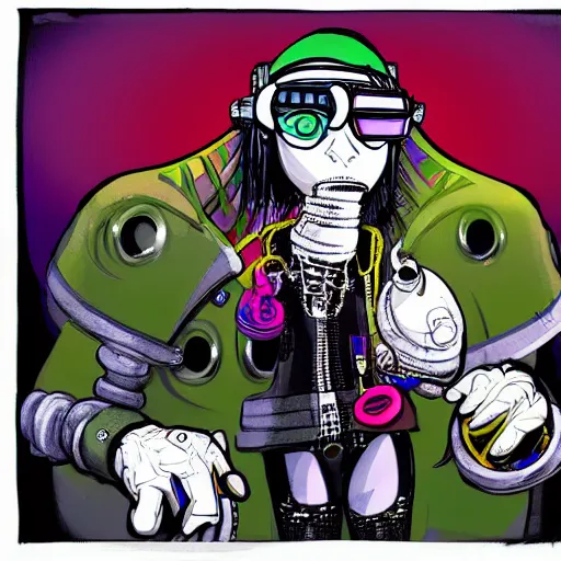 Image similar to a cybergoth guy wearing goggles and eccentric jewelry by jamie hewlett :: full body character concept art, full body, detailed