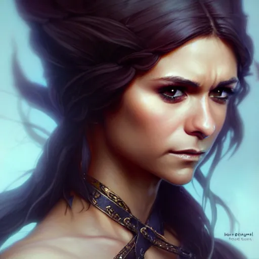 Image similar to Nina Dobrev as a fantasy rogue, closeup character portrait, D&D, fantasy, intricate, elegant, highly detailed, digital painting, artstation, concept art, matte, sharp focus, illustration, art by Artgerm and Greg Rutkowski and Alphonse Mucha