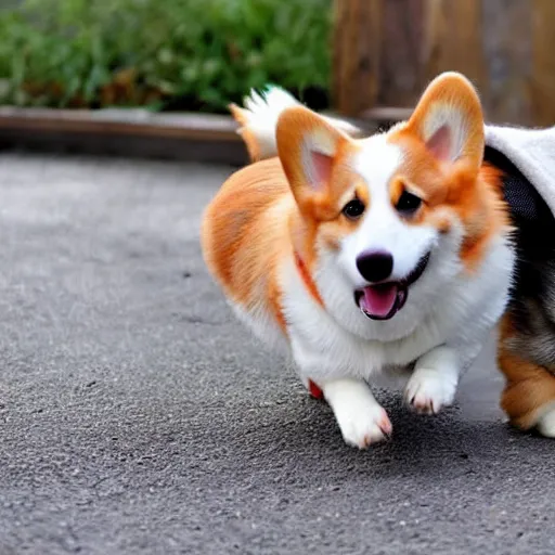 Prompt: A corgi mauling a gnome