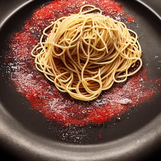 Image similar to extremely delicious looking photo of beautiful spaghetti, very expensive top quality product, michelin star, most perfect desert on the world, small manufacture, unique style, 8 k, product photography, professional studio photography