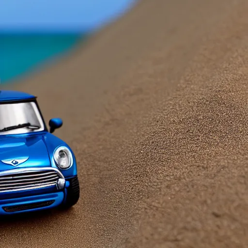 a photo of a miniature Mini Cooper car on a beach