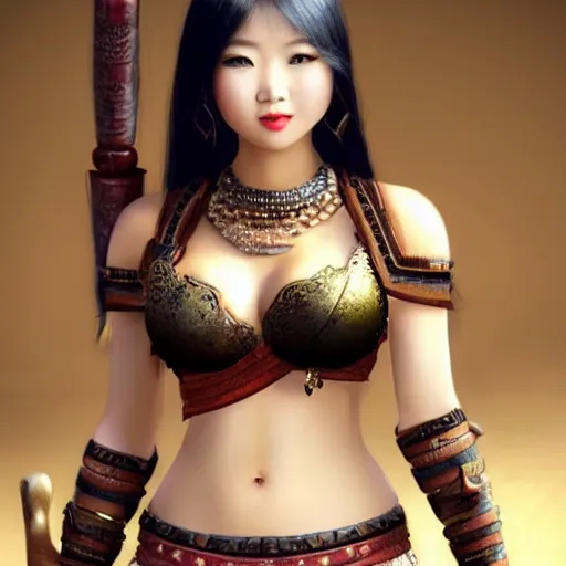 Prompt: very beautiful asian female barbarian, smiling, flirty, eye contact, perfect face, perfect body, hyperrealistic