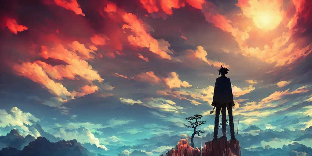 Image similar to isekai masterpiece anime man standing tree log looking up at colossal cyan crystals, high noon, cinematic, very warm colors, intense shadows, ominous clouds, anime illustration, anime screenshot composite background by alyn spiller