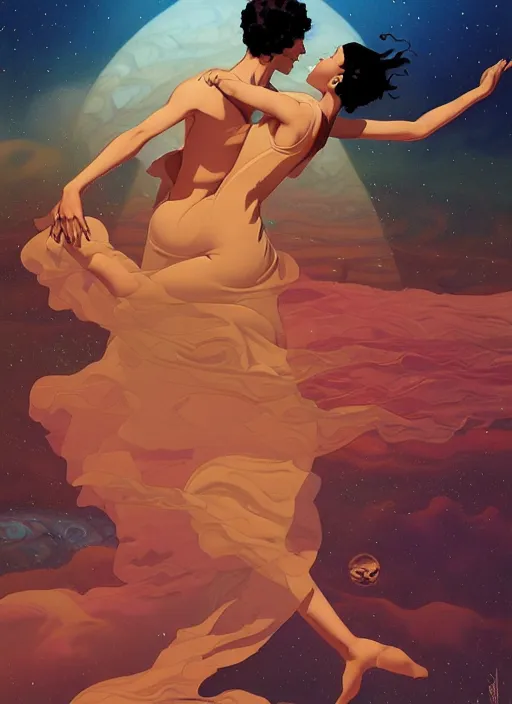 Image similar to poster artwork by michael whelan and tomer hanuka, a portrait of beautiful sensual dancing in the clouds of jupiter, clean