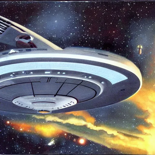 Image similar to the bridge of the starship enterprise from star trek the original series with the crew at their stations. realistic concept art painting,