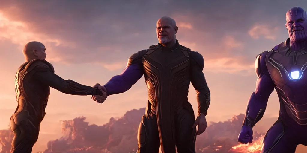 Prompt: an octane render from tom cruise shaking hands with thanos at the battle field of avengers endgame, cinematic, high resolution film render 100k, photo realistic