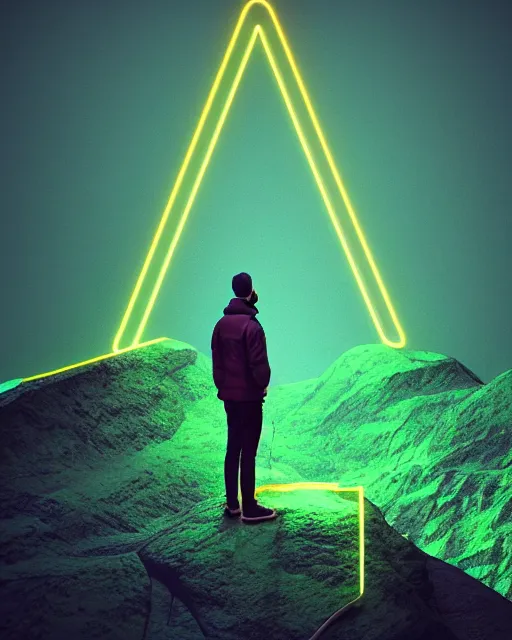 Image similar to a man standing in the middle of a mountain with a glowy neon triangle, a render by filip hodas, behance contest winner, environmental art, rendered in cinema 4 d, volumetric lighting