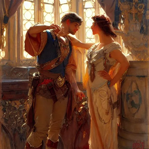 Image similar to attractive fully clothed king confesses his love for his attractive fully clothed male prince. highly detailed painting by gaston bussiere, daniel f. gerhartz, j. c. leyendecker 8 k