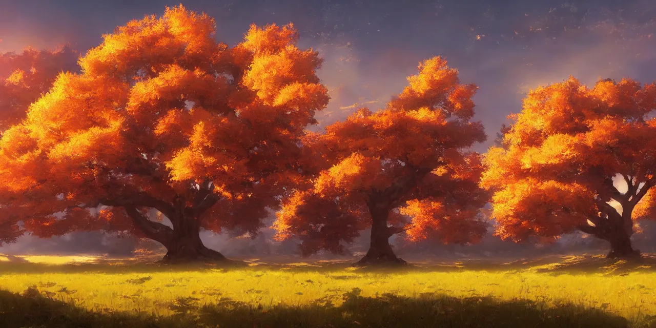 Prompt: a beautiful, stunning landscape with a giant oak tree in the fall during sunset by makoto shinkai and craig mullins
