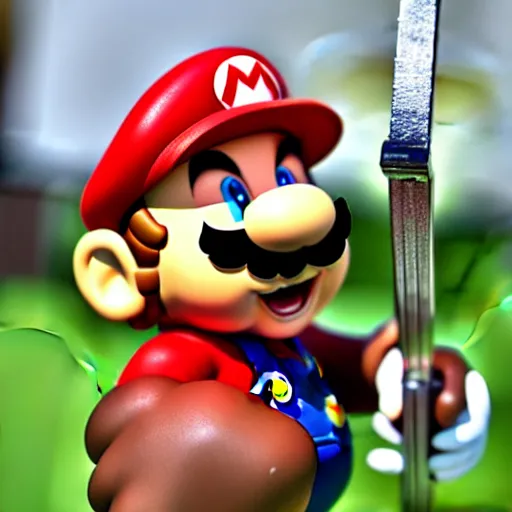 Prompt: super mario holding a sword and shield, highly detailed, extremely high quality, hd, 4 k, 8 k, canon 3 0 0 mm, professional photographer, 4 0 mp, lifelike, top - rated, award winning, realistic, detailed lighting, detailed shadows, sharp, no blur, edited, corrected, trending