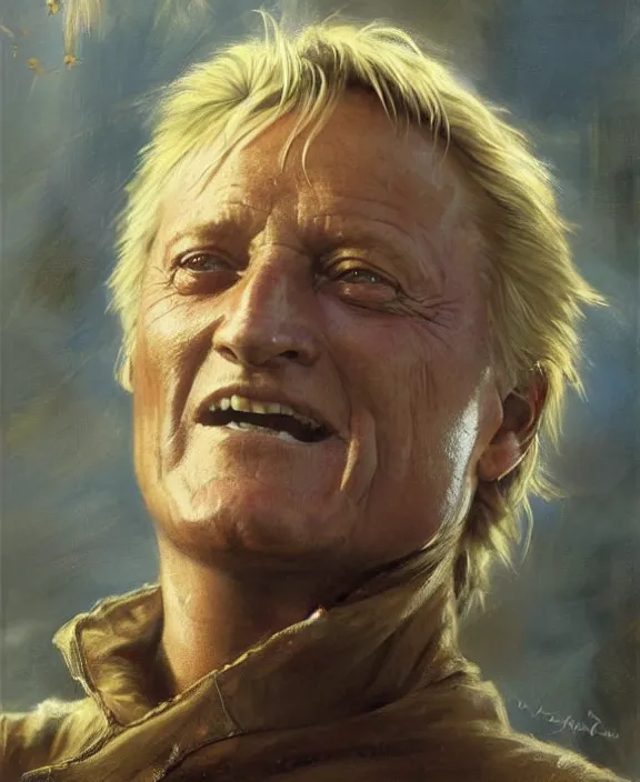 Prompt: portrait of rutger hauer, joyful, highly detailed painting by gaston bussiere, craig mullins, j. c. leyendecker 8 k,