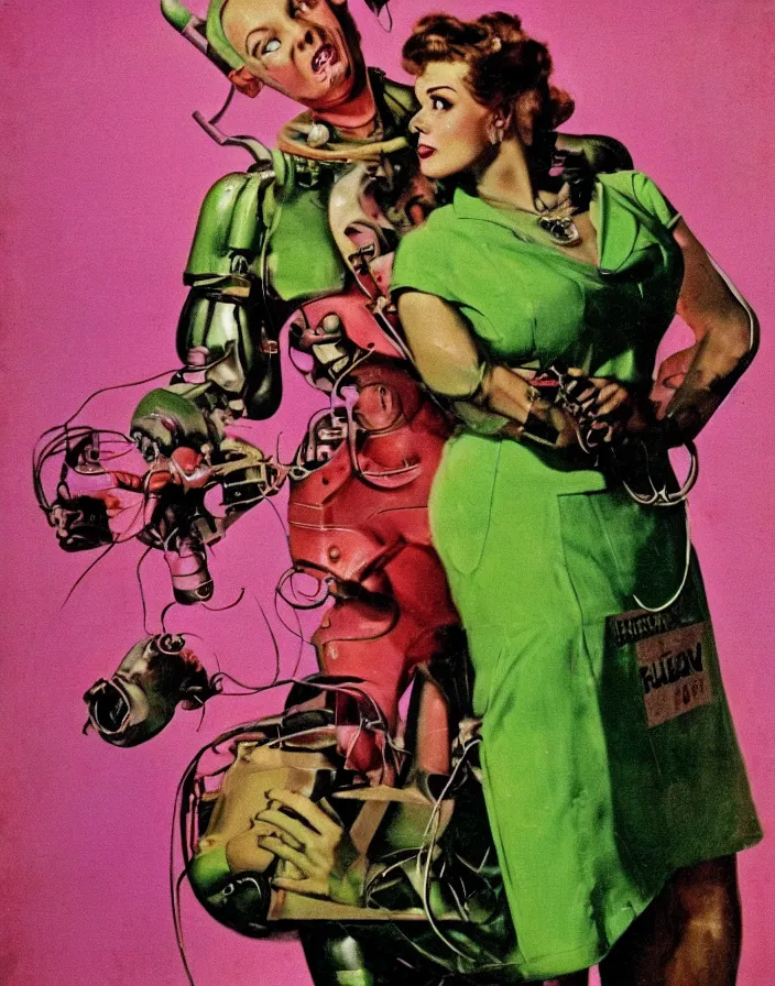 Prompt: a female housewife!!!! being hugged by a manly metal - suited!!! robot!!!!, 1 9 5 0 s horror film movie poster style, ( norman rockwell oil painting ), close - up, tight shot, retro science fiction, vintage, saturated pink and green lighting, shadowy lighting, cohesive!!, photogenic!!