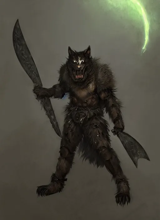 Prompt: A humanoid scary wolf in heavy armor, brown and black fur, holding a green Scythe. Evil look. In style of Hyung-tae Kim, Greg Rutkowski and Larry Elmore, concept art, trending on ArtStation, Korean MMORPG, over-detailed art, 8K, epic, dynamic lightning, scenery.