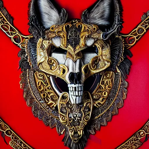 Image similar to photo portrait portrait of femine puma with skull pendant, wolf skull pedant, golden fur, symmetric, intricate skeletal decorations on ornate silks, symmetry, highly detailed, concept art, ornaments, black, red, white, gold layers, super moon, style of nekroxiii, hyperrealistic