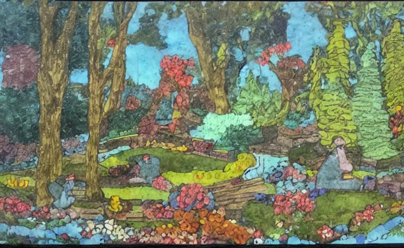 Image similar to a landscape painting,, claymation, henri berthaut, ( ( colored pen ) ), art - deco, miner kilbourne kellogg, gardens, ( collage )