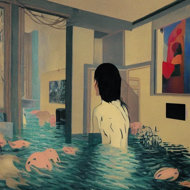 Image similar to tall emo artist in her flooded apartment, painting of flood waters inside an artist's home, a river flooding indoors, pomegranates, pigs, ikebana, zen, water, octopus, river, rapids, waterfall, black swans, canoe, berries, acrylic on canvas, surrealist, by magritte and monet