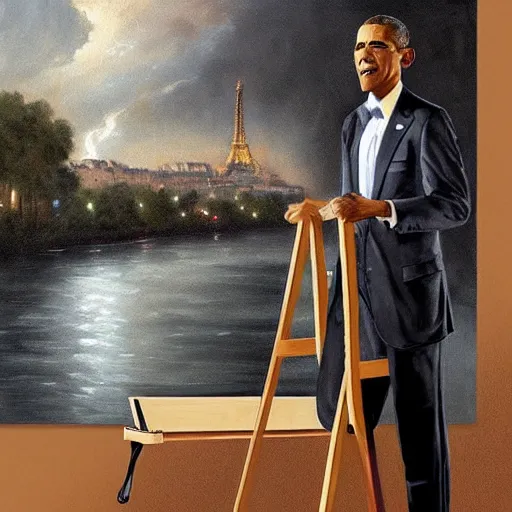 Image similar to obama is dressed as a gentleman at early 2 0 th century paris. he is watching an easel. that easel has a canvas on it. barack obama has a brush on his hand. he is painting a painting. there is a small brown cat with yellow eyes on barack obamas feet. on background has river seine, morning sun, dark clouds, lightning, by frank miller