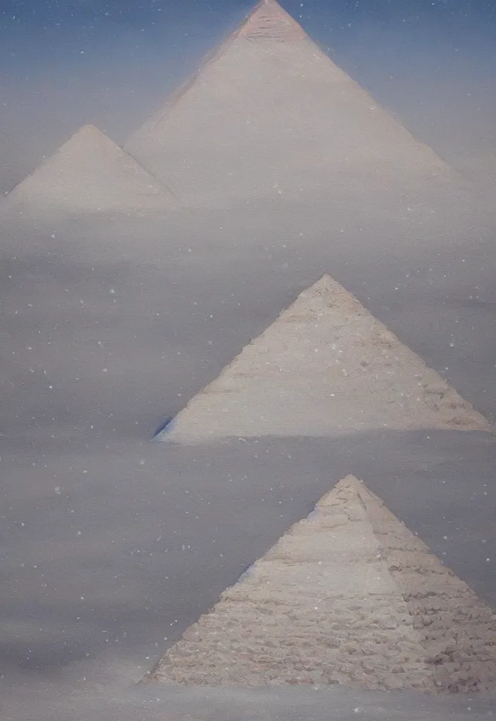 Prompt: the pyramids of egypt covered in snow, oil on canvas, fantasy, trending on artstation, digital art.