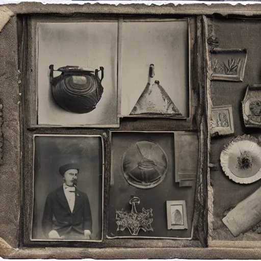 Prompt: Tintype photograph of objects displayed in an ethnographic museum, primitive display, anthropology of wonder, in the style of Marcel Duchamp, found objects, ready-made, 1920s studio lighting.