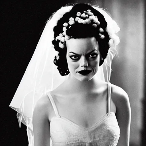 Image similar to emma stone as the bride of frankenstein, black and white